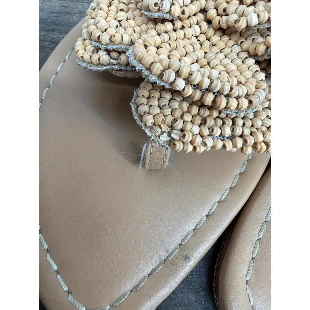 Stuart Weitzman Beaded Flower Thong Wedge Sandals Tan Leather Size 6M